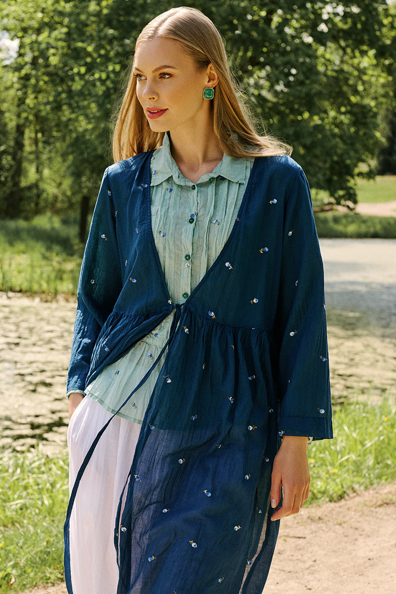 Tie Front Navy Embroidered Petals Cotton Jacket 1