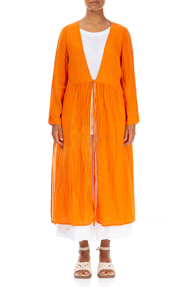 Tie Front Neon Orange Gauze Linen Jacket