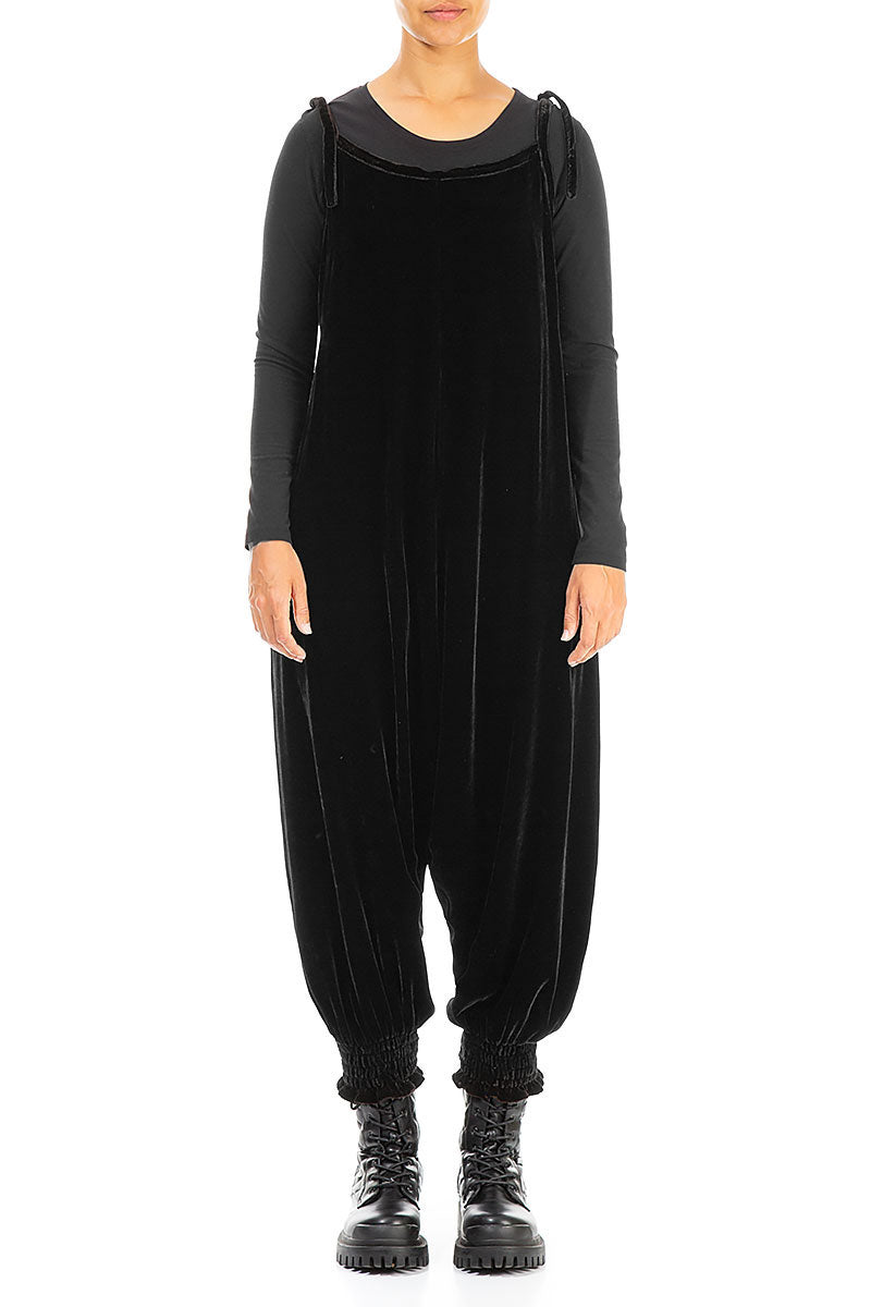 Tie Strap Black Silk Velvet Jumpsuit 1