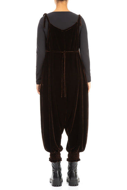 Tie Strap Chocolate Silk Velvet Dungaree Jumpsuit