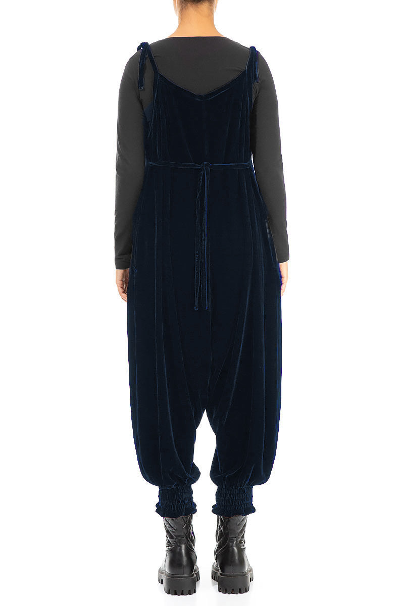 Tie Strap Royal Blue Silk Velvet Jumpsuit 2