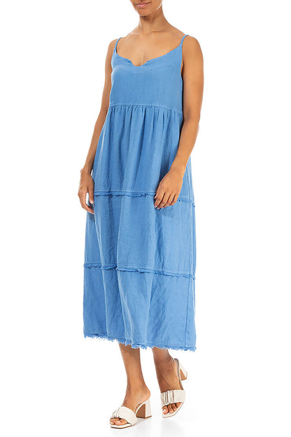 Tie Strap Tiered Cornflower Linen Dress 3