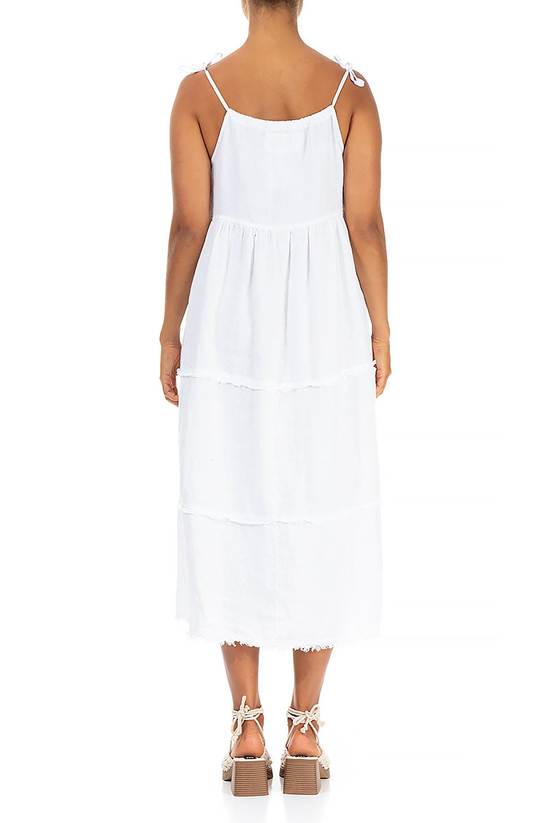Tie Strap Tiered White Linen Dress