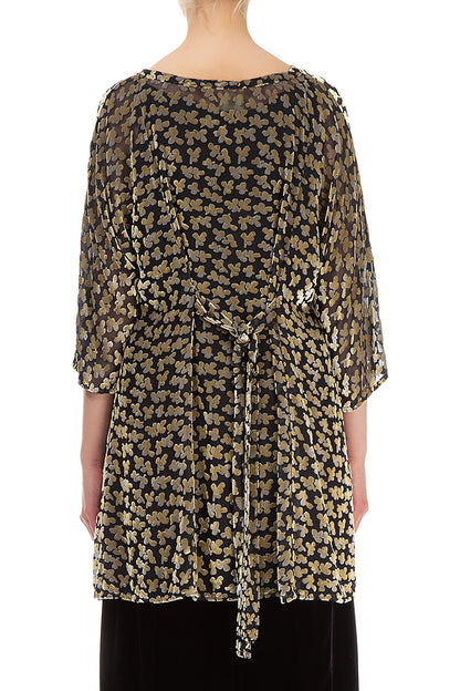 Tunique en velours de soie doré à pétales dévorés et à nouer dans le dos