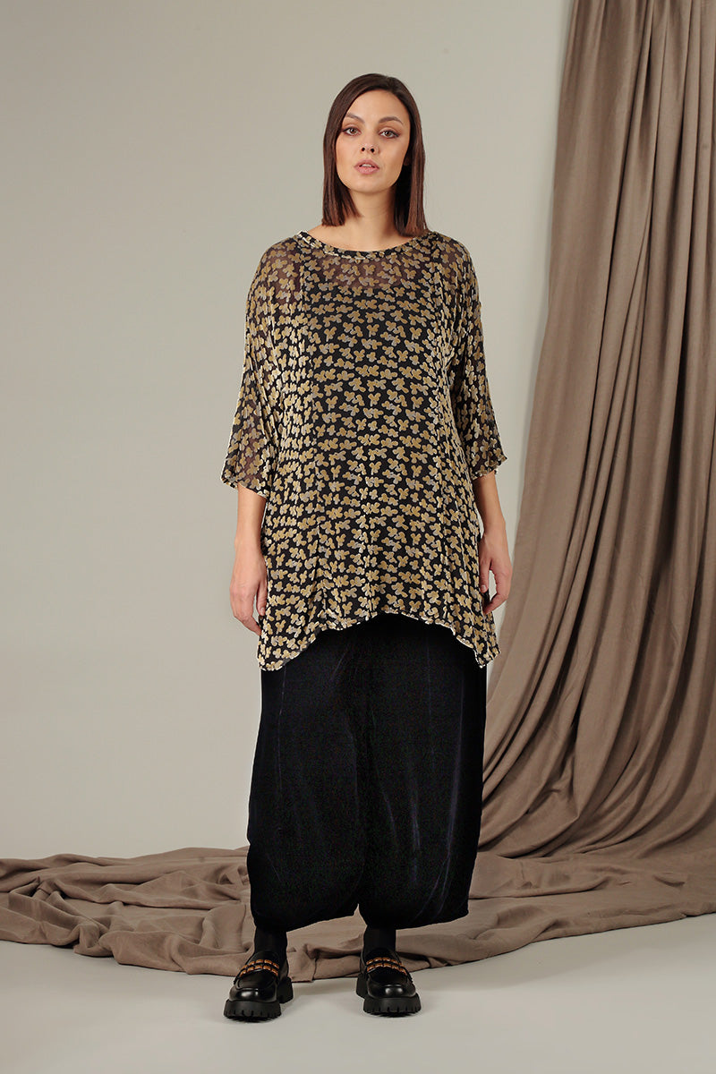 Tie Up Back Devoré Petals Gold Silk Velvet Tunic