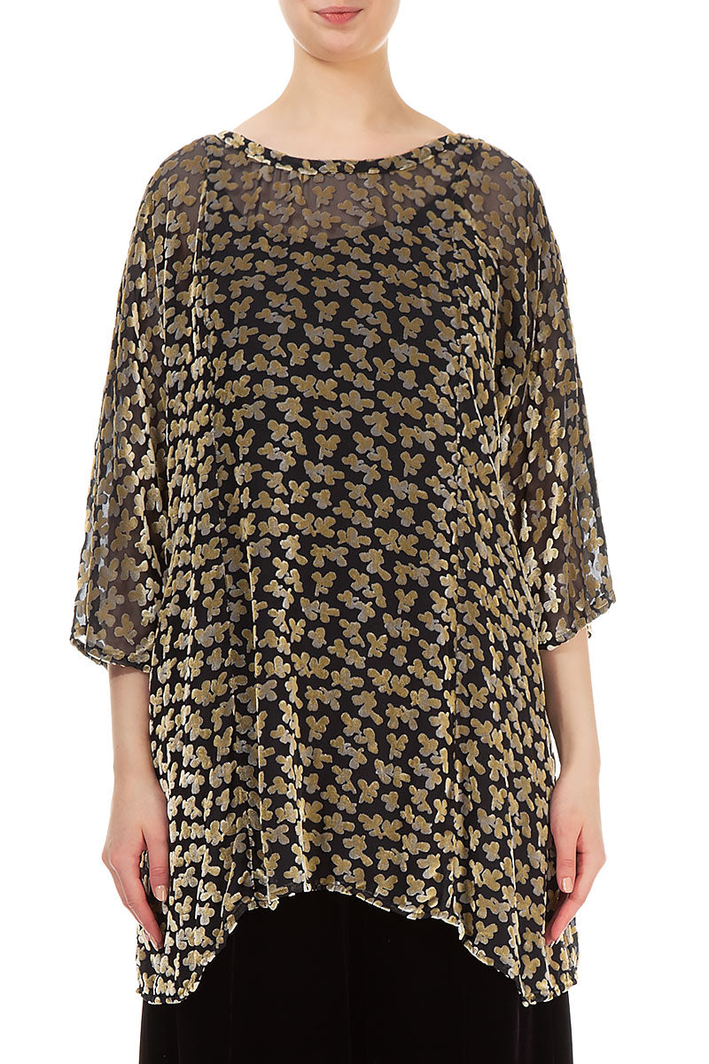 Tie Up Back Devoré Petals Gold Silk Velvet Tunic