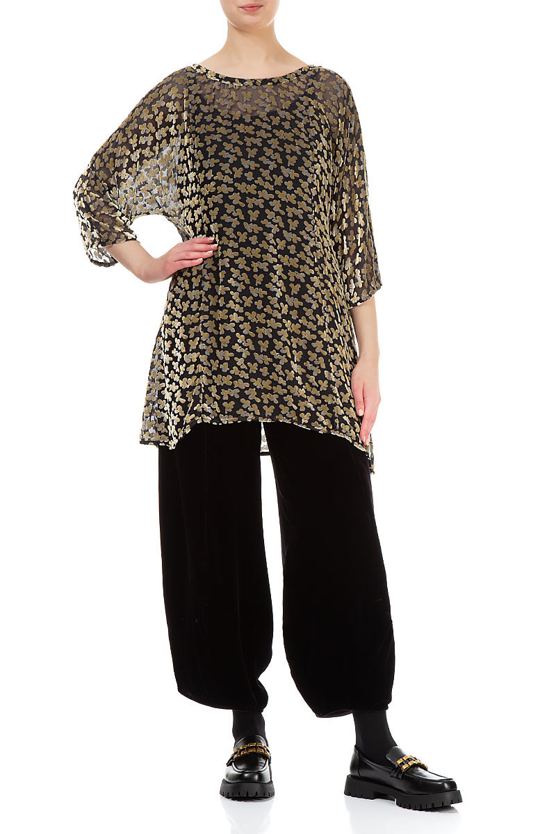 Tunique en velours de soie doré à pétales dévorés et à nouer dans le dos