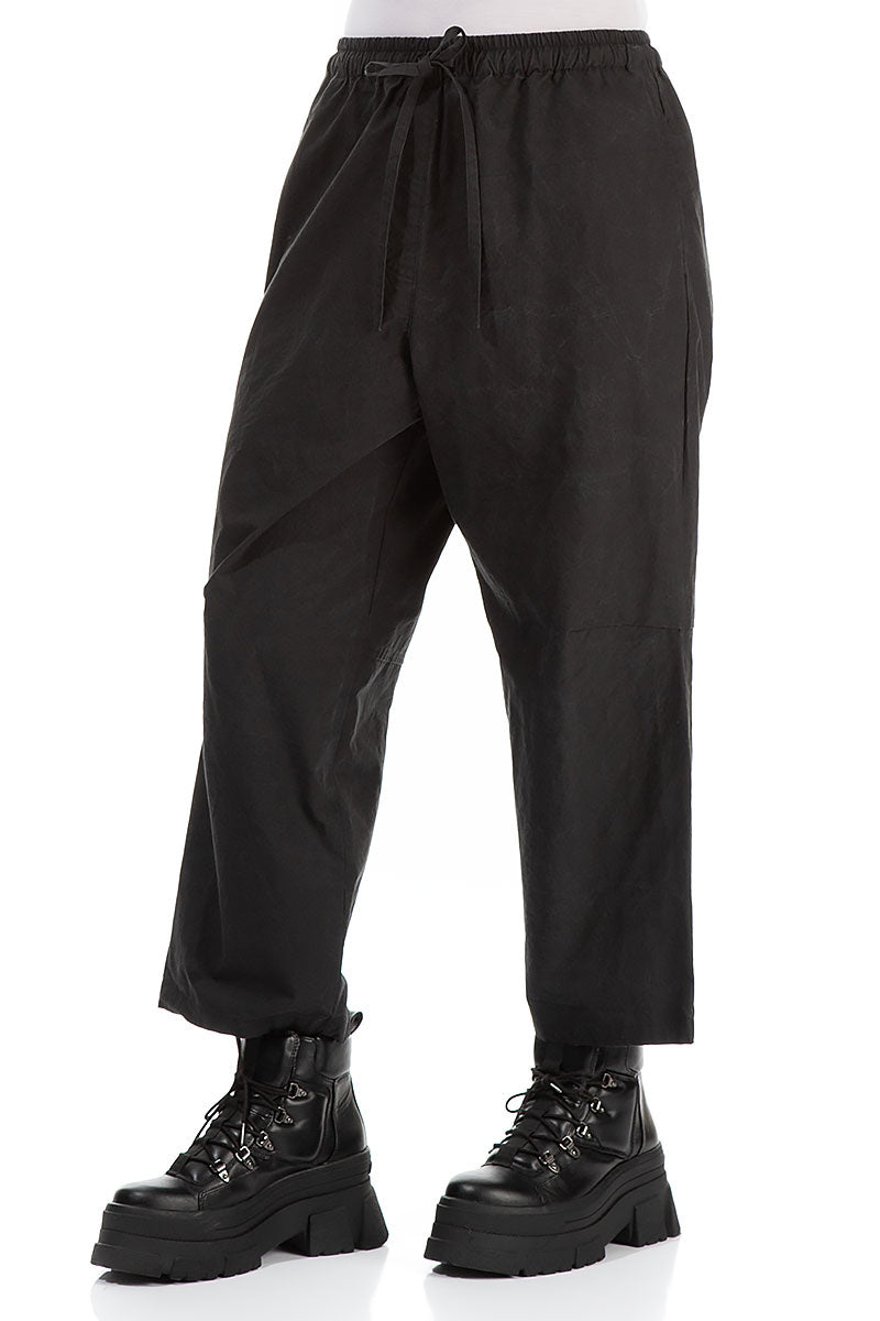 Tie Up Black Cotton Trousers