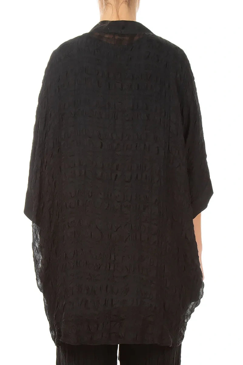 Bindegürtel-Jacke aus schwarzer, texturierter Seide