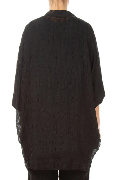 Bindegürtel-Jacke aus schwarzer, texturierter Seide