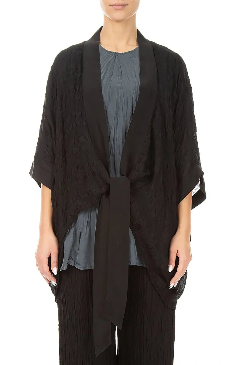 Tie Up Black Textured Silk Jacket 1
