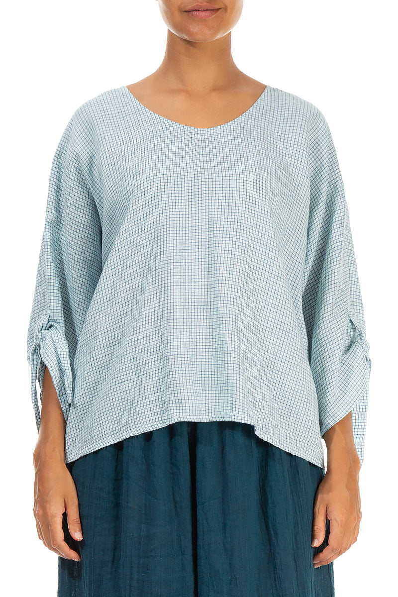 Tie Up Sleeves Blue Check Linen Blouse
