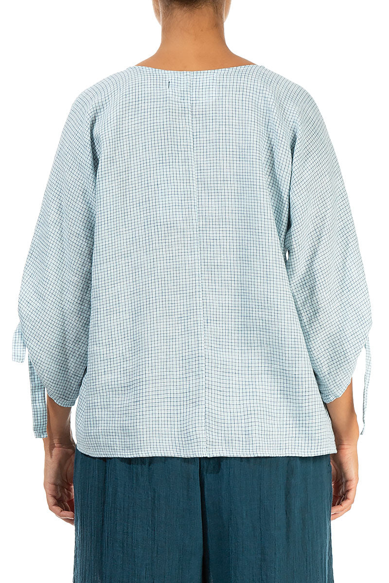 Tie Up Sleeves Blue Check Linen Blouse 2