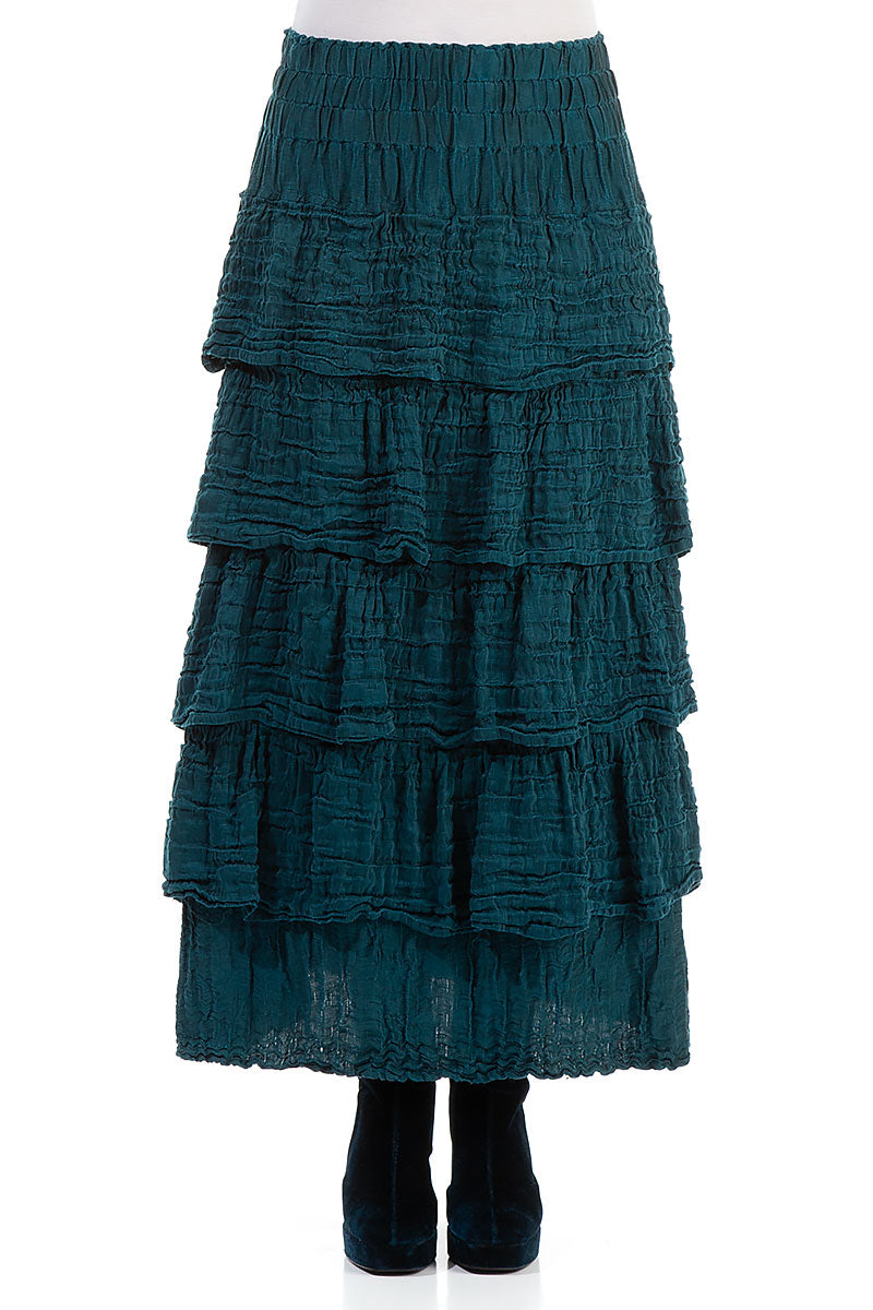 Tiered Crinkled Teal Silk Maxi Skirt