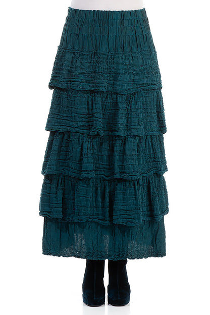 Tiered Crinkled Teal Silk Maxi Skirt