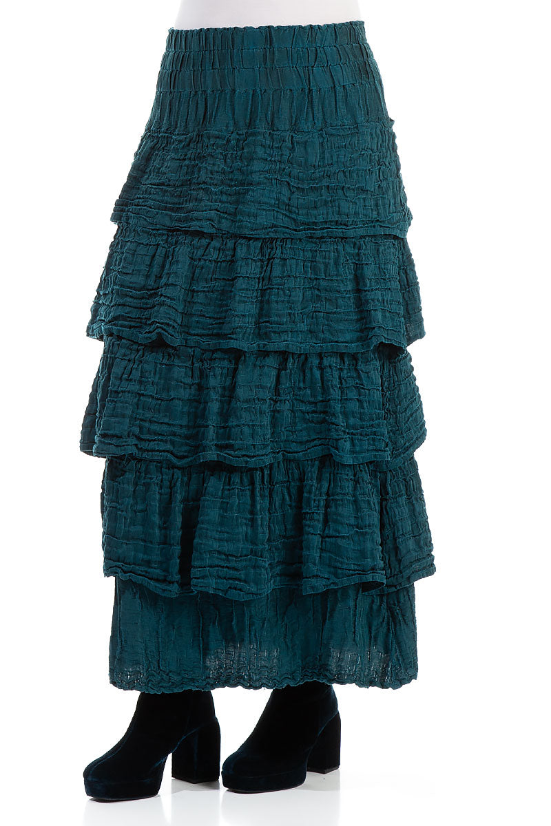 Tiered Crinkled Teal Silk Maxi Skirt