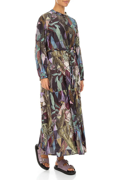 Tiered Tie Up Art Mosaic Silk Bamboo Dress