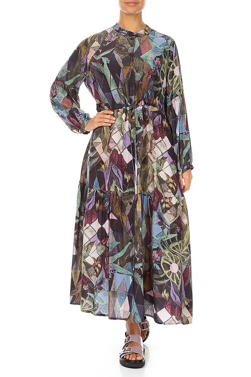 Tiered Tie Up Art Mosaic Silk Bamboo Dress