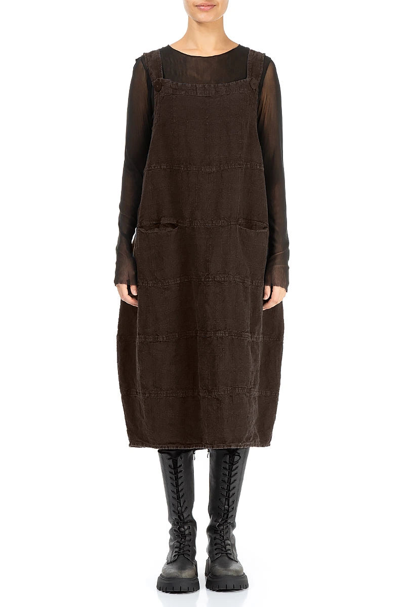 Truffle Brown Patterned Linen Dungaree Dress