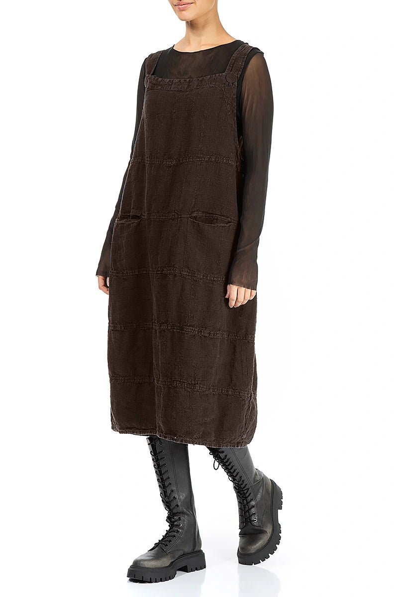 Truffle Brown Patterned Linen Dungaree Dress