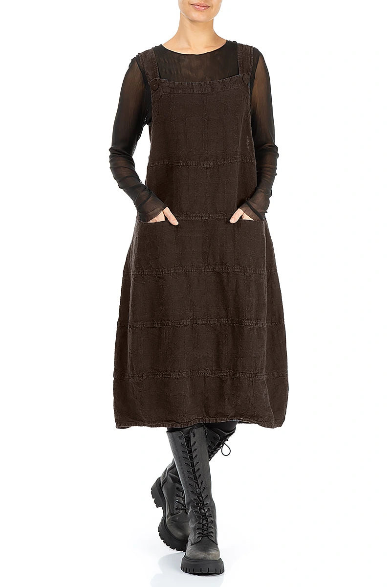 Truffle Brown Patterned Linen Dungaree Dress
