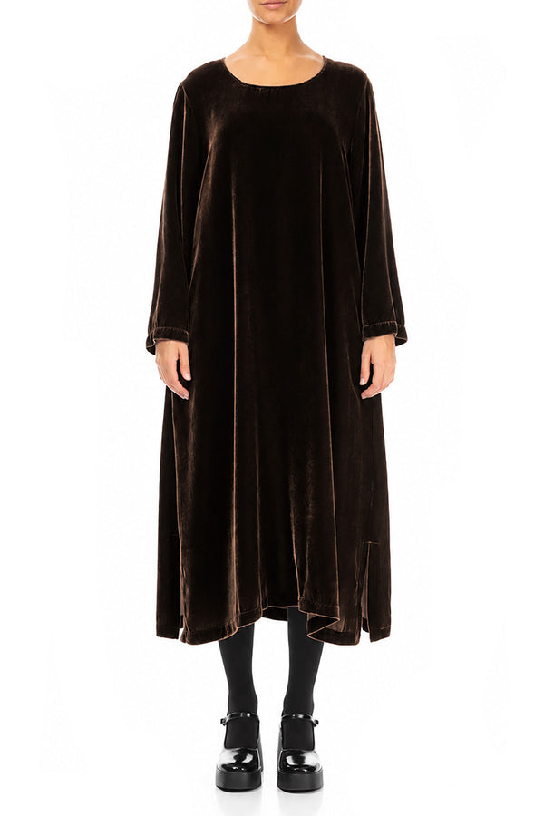 Truffle Brown Silk Velvet Shift Dress