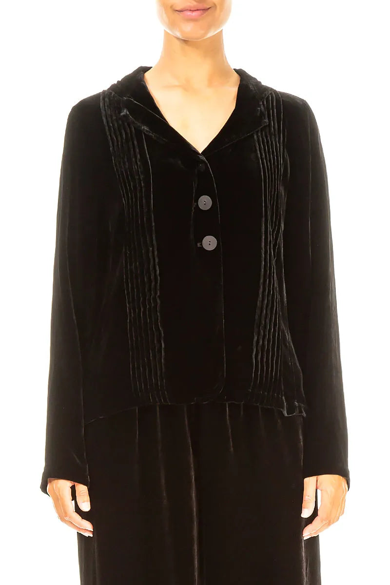 Tuck Front Black Silk Velvet Jacket