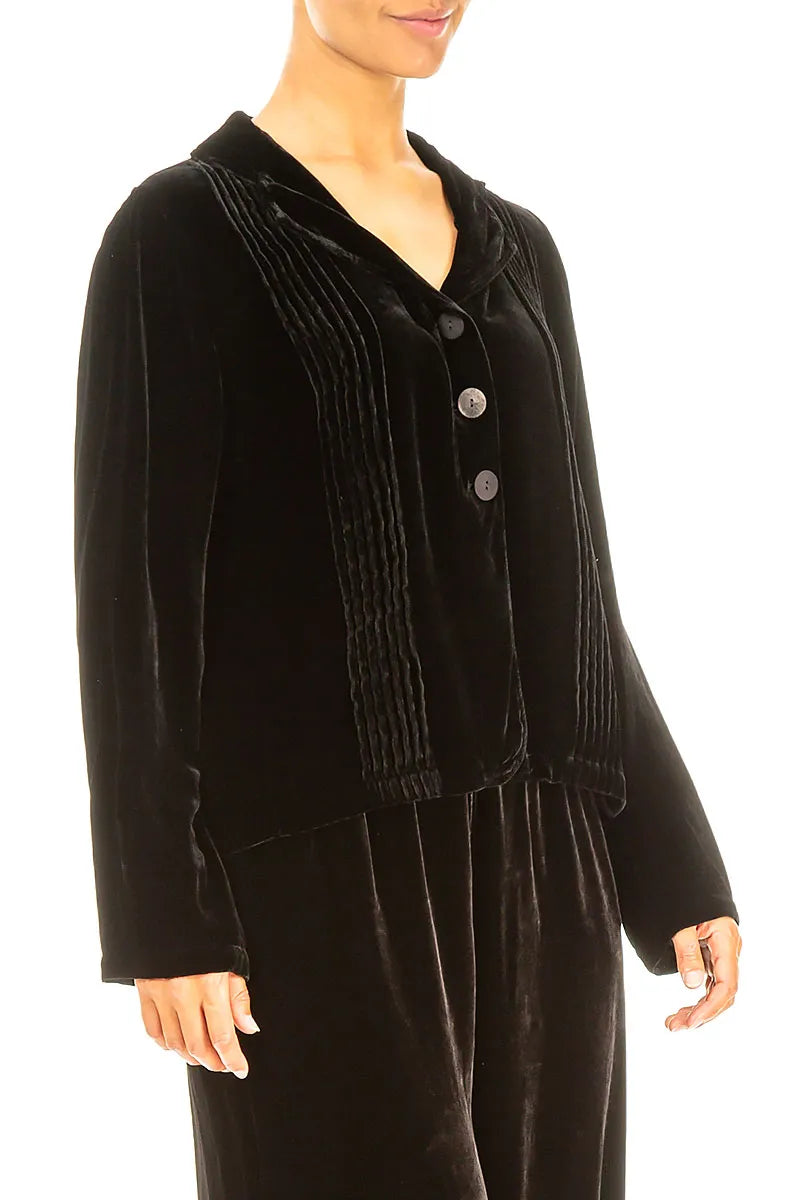 Tuck Front Black Silk Velvet Jacket
