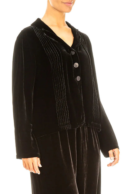 Tuck Front Black Silk Velvet Jacket