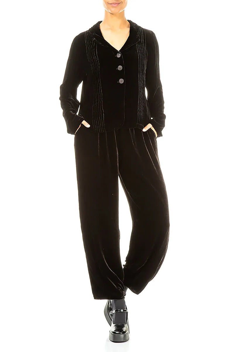 Tuck Front Black Silk Velvet Jacket