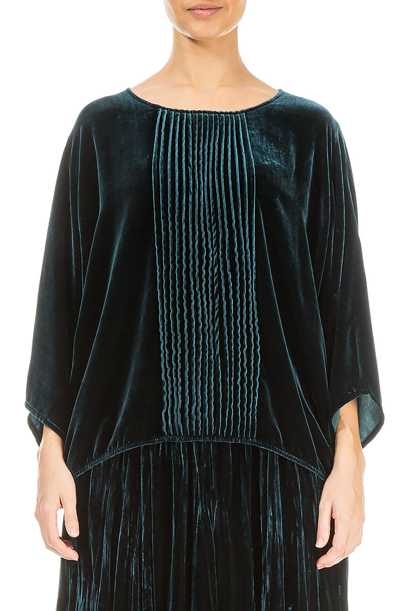 Chemisier en velours de soie à motif paon, à plis sur le devant