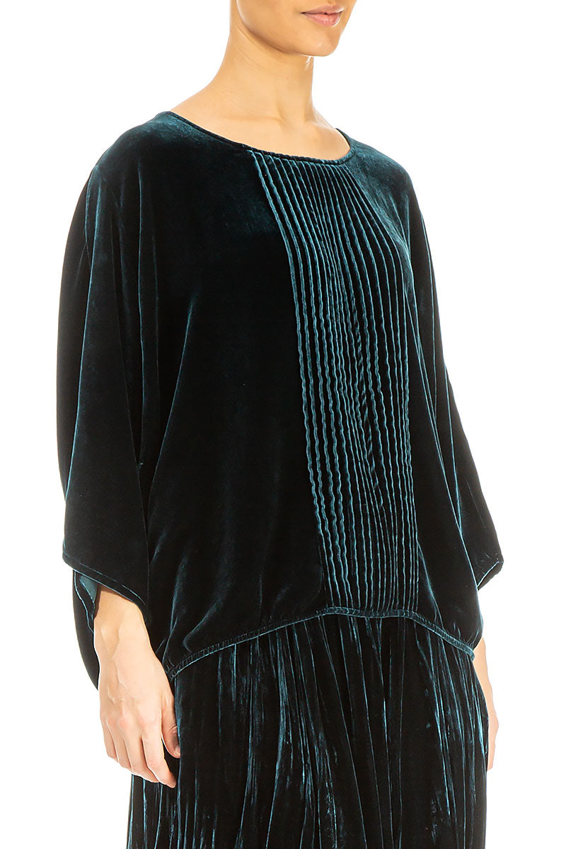 Chemisier en velours de soie à motif paon, à plis sur le devant