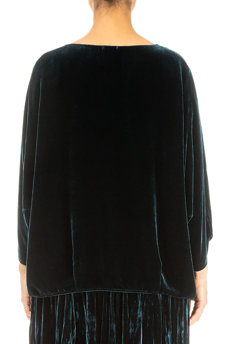 Tuck Front Peacock Silk Velvet Blouse