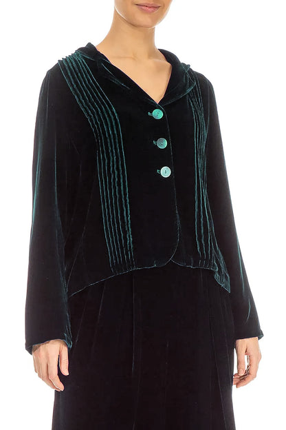 Tuck Front Peacock Silk Velvet Jacket