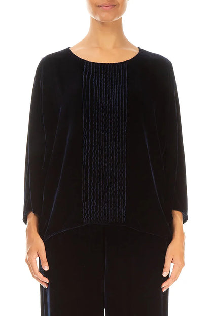 Tuck Front Royal Blue Silk Velvet Blouse 1