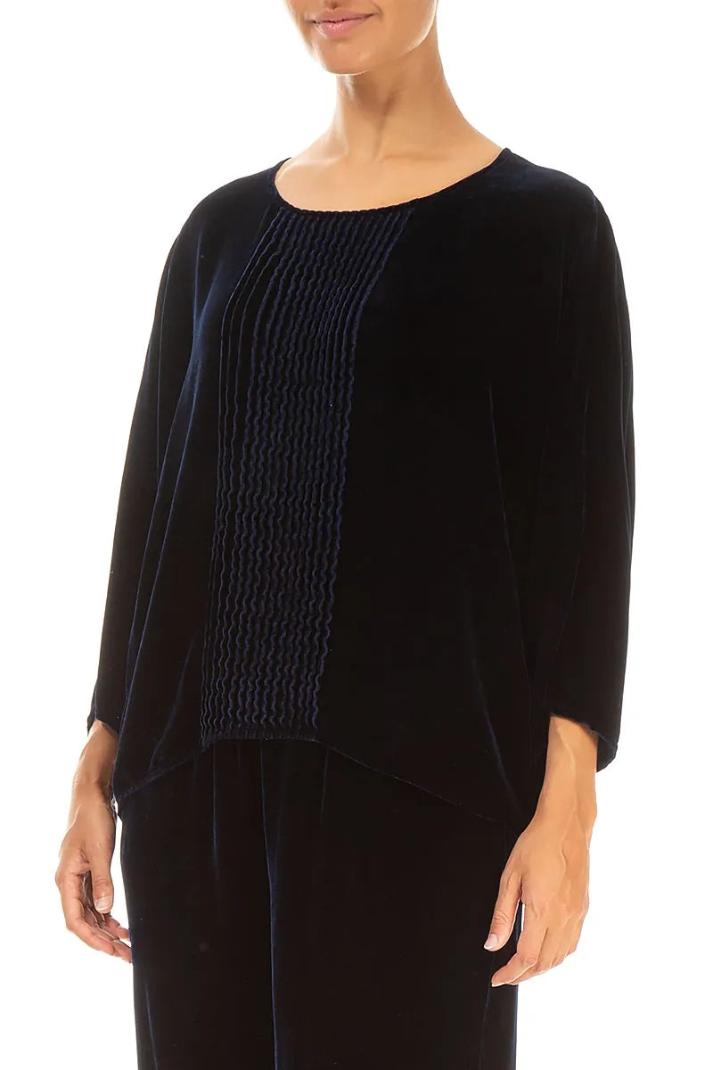 Tuck Front Royal Blue Silk Velvet Blouse 3