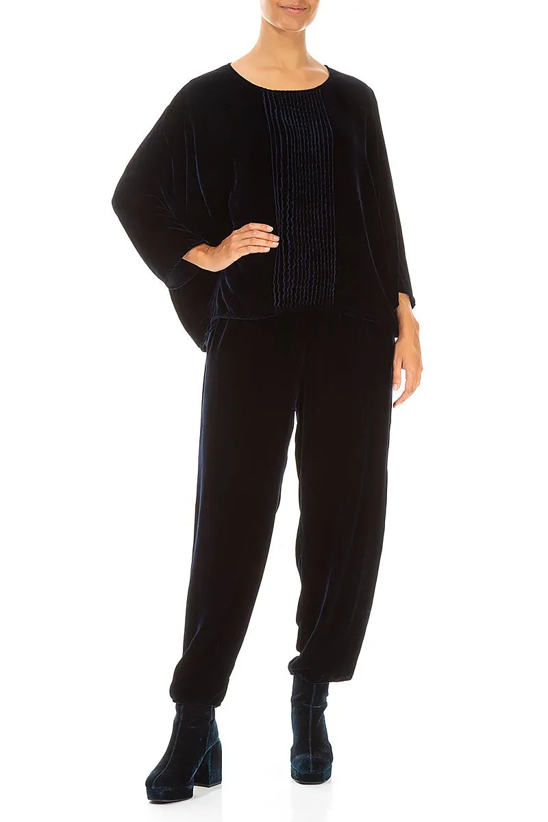 Tuck Front Royal Blue Silk Velvet Blouse 4