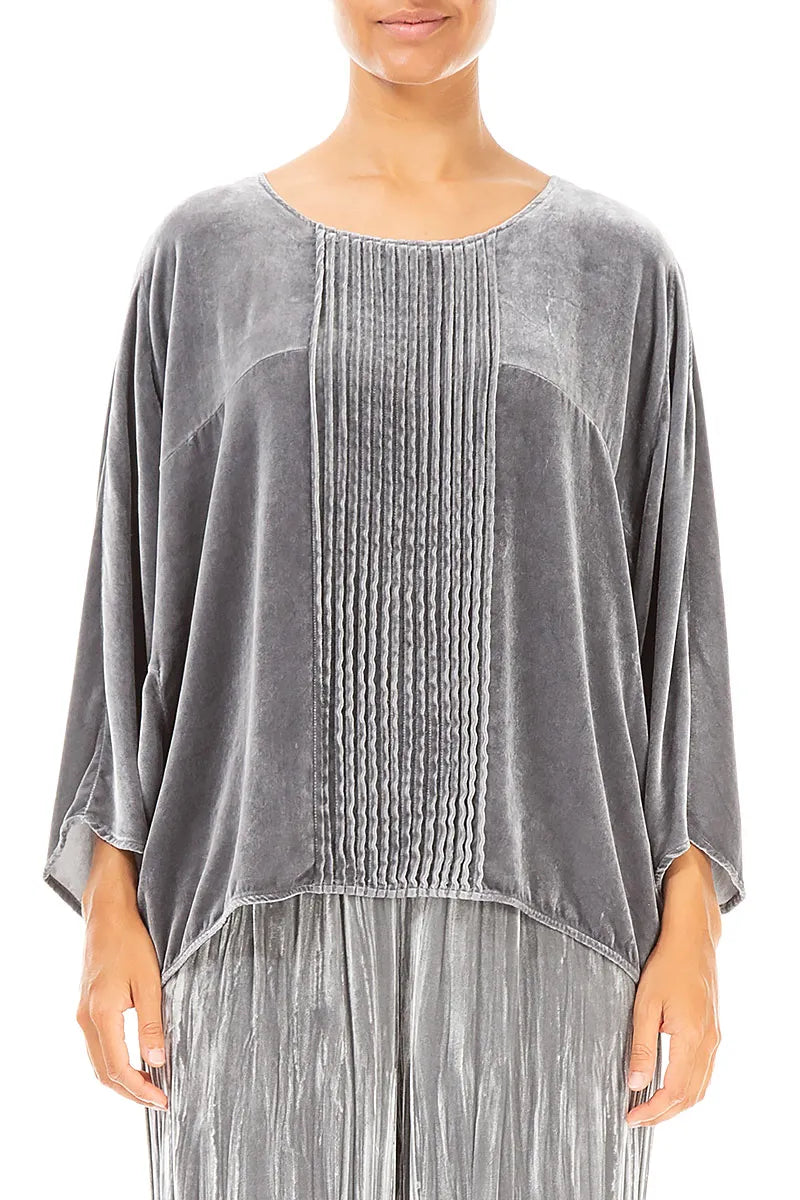 Tuck Front Silver Silk Velvet Blouse 1