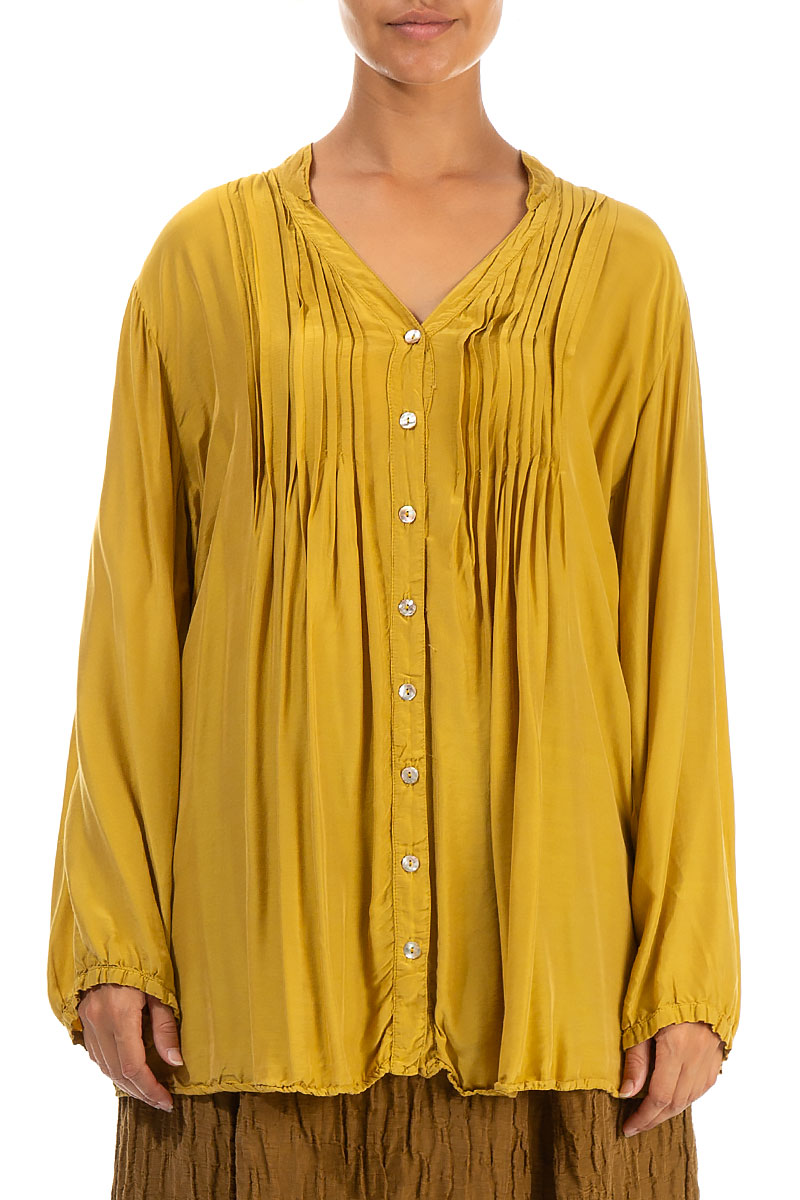 Tucks Front Yellow Silk Bamboo Shirt