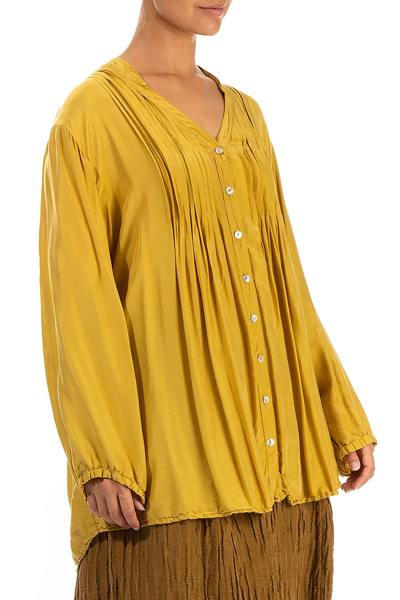 Tucks Front Yellow Silk Bamboo Shirt