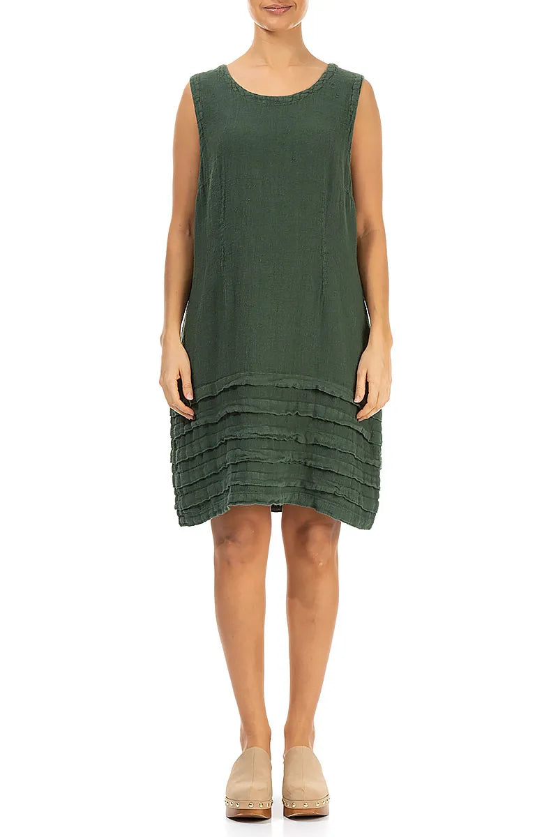Tucks Hem Short Khaki Linen Dress