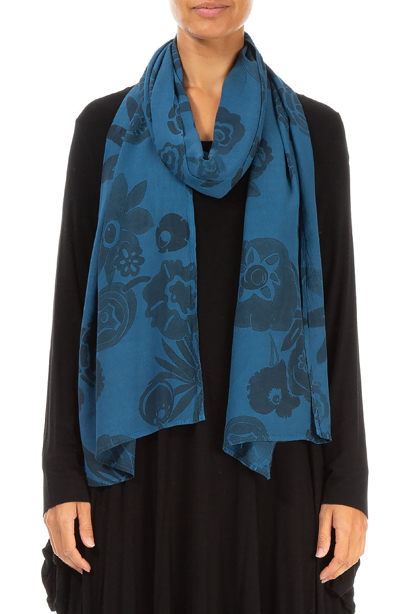 Turquoise Flowers Viscose Scarf