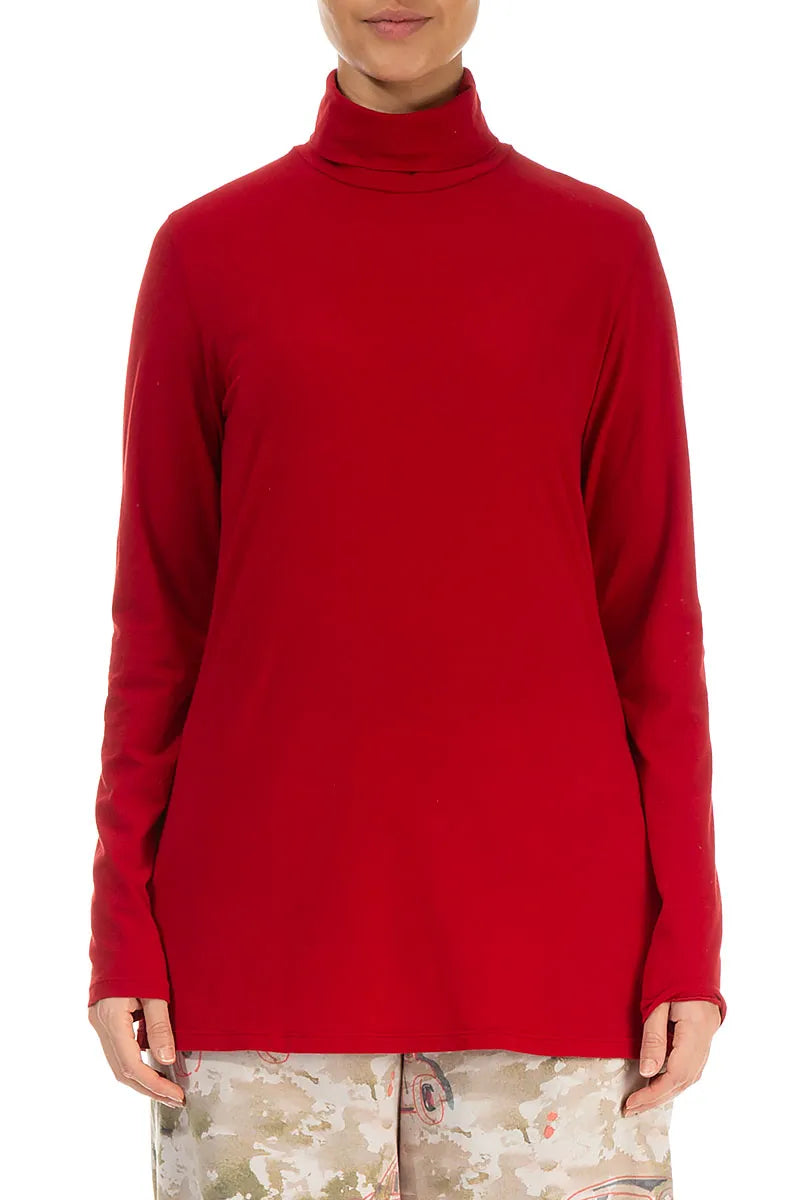 Turtleneck Cherry Red Cotton Blouse 1