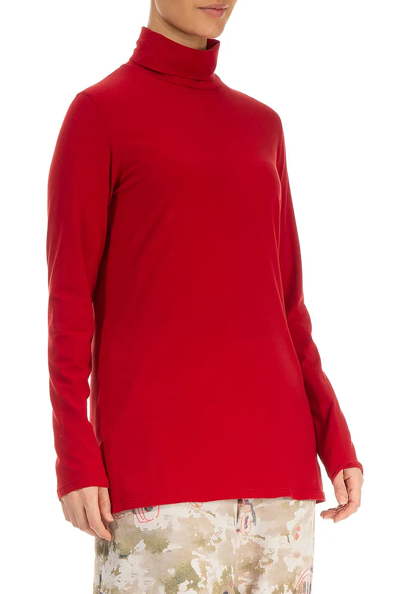 Turtleneck Cherry Red Cotton Blouse 3