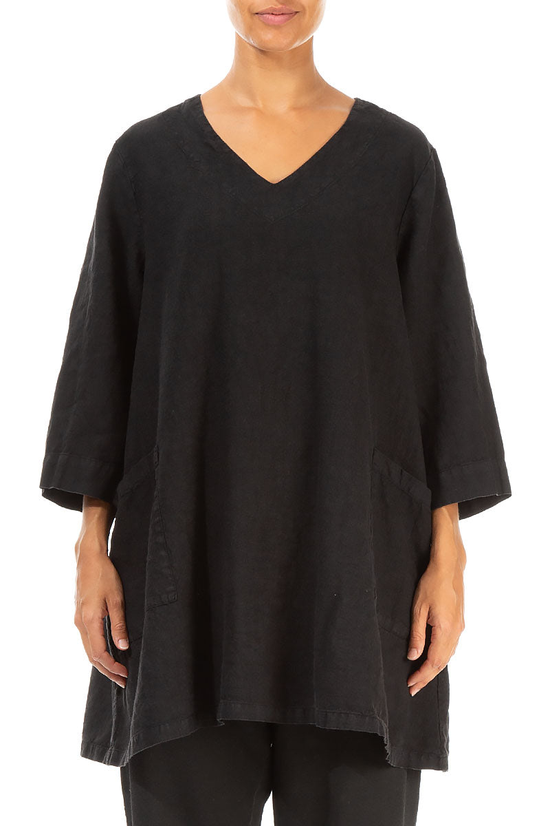 Twin Pockets Black Linen Tunic