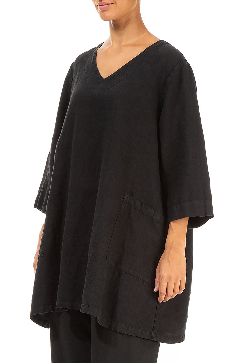 Twin Pockets Black Linen Tunic