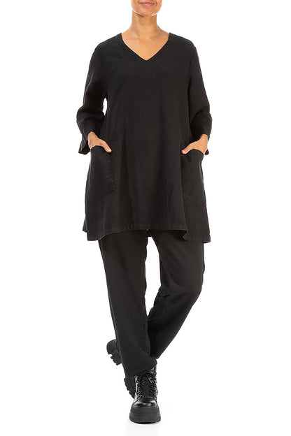 Twin Pockets Black Linen Tunic