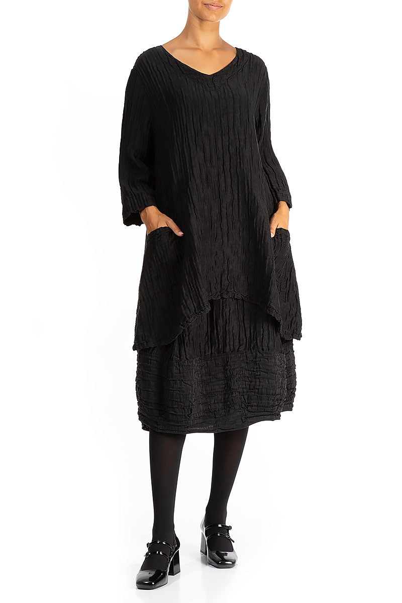 Twin Pockets Crinkled Black Silk Linen Tunic