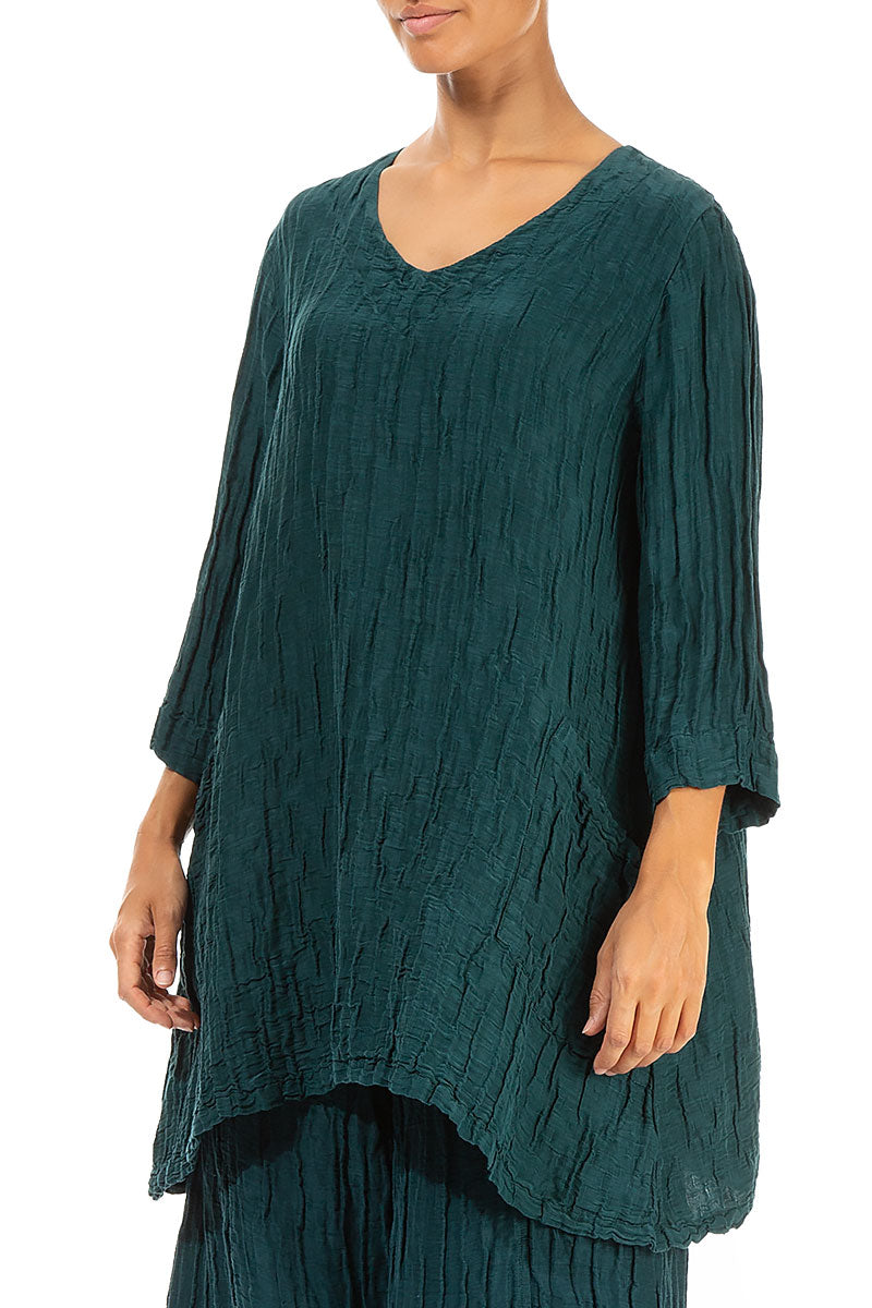 Twin Pockets Crinkled Emerald Silk Linen Tunic