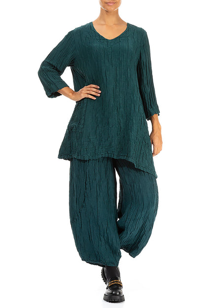 Twin Pockets Crinkled Emerald Silk Linen Tunic